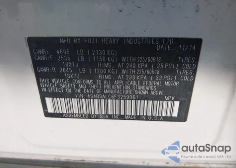 2015 Subaru Outback 2.5I Limited from USA, damaged, VIN 4S4BSALC6F3259061